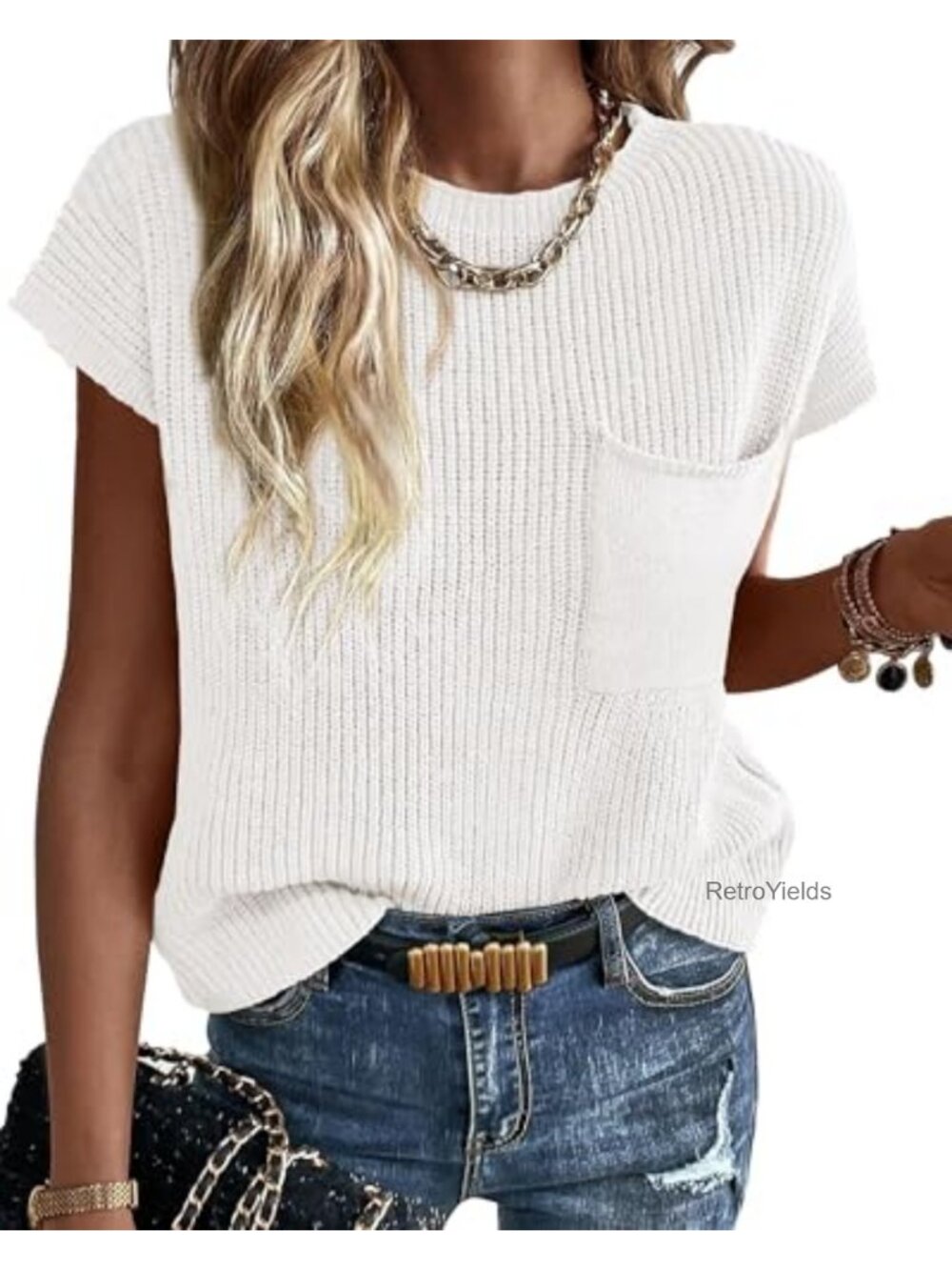 Cotton Cap Sleeve Short Sleeve Sweater Women Loose Fit Crew Neck Knit